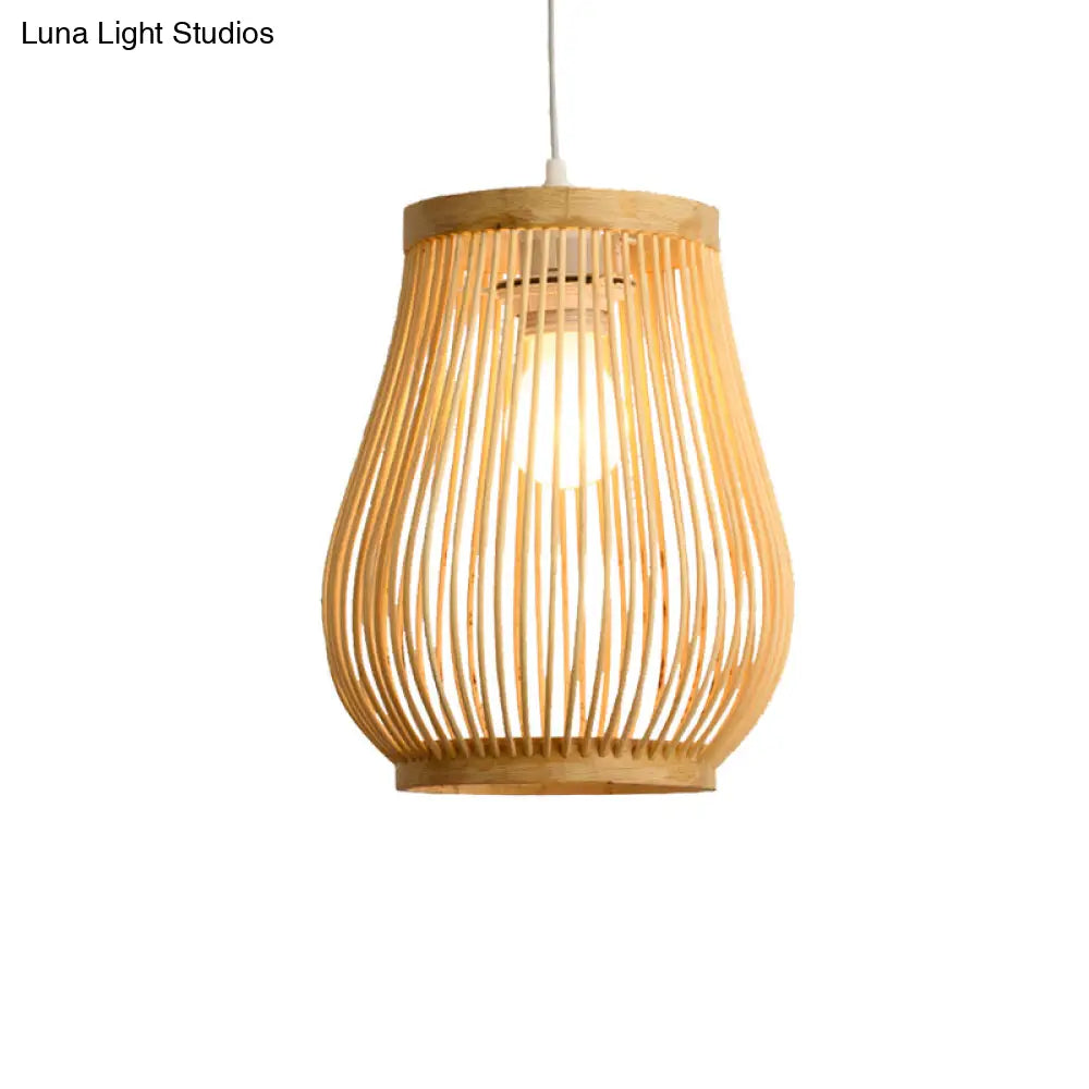 Bamboo Shade Pendant Ceiling Light - Asian Style Hanging Lamp Beige 7/8 Wide