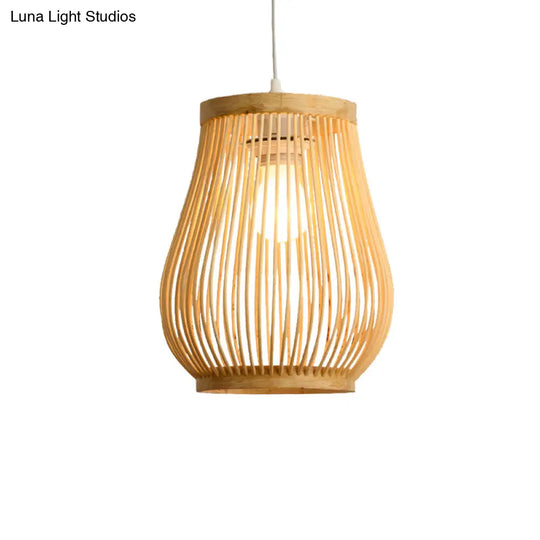 Bamboo Shade Pendant Ceiling Light - Asian Style Hanging Lamp Beige 7/8 Wide