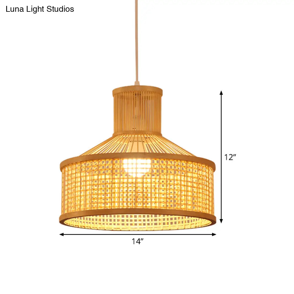 Bamboo Shade Pendant Lamp: Chinese Hand Woven Hanging Light Fixture In Beige