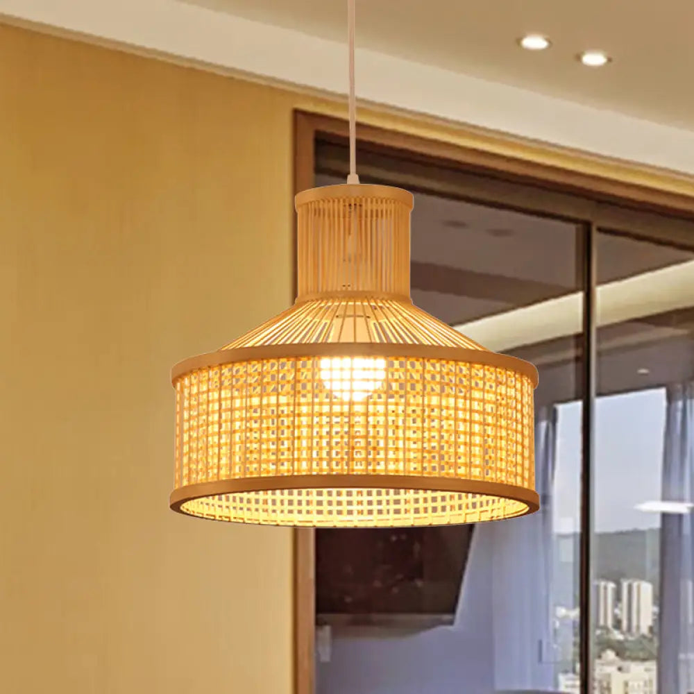 Bamboo Shade Pendant Lamp: Chinese Hand Woven Hanging Light Fixture In Beige