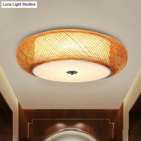 Bamboo Single Curved Drum Flush Mount Ceiling Light - Asia - Inspired Wood Design For Living Room