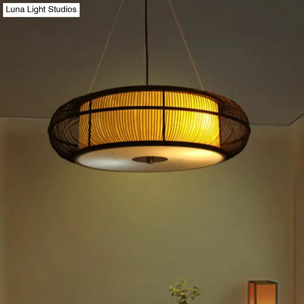 Bamboo Tea Room Chandelier - Curved Drum Suspension Light With South-East Asian Influence