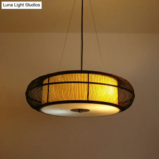 Bamboo Tea Room Chandelier - Curved Drum Suspension Light With South-East Asian Influence