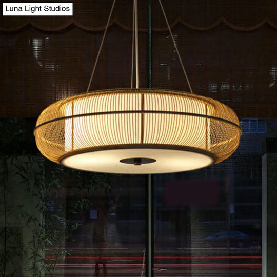 Bamboo Tea Room Chandelier - Curved Drum Suspension Light With South-East Asian Influence