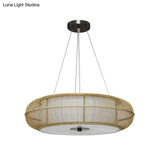 Bamboo Tea Room Chandelier - Curved Drum Suspension Light With South-East Asian Influence