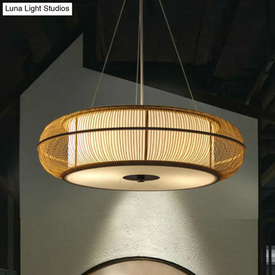Bamboo Tea Room Chandelier - Curved Drum Suspension Light With South-East Asian Influence