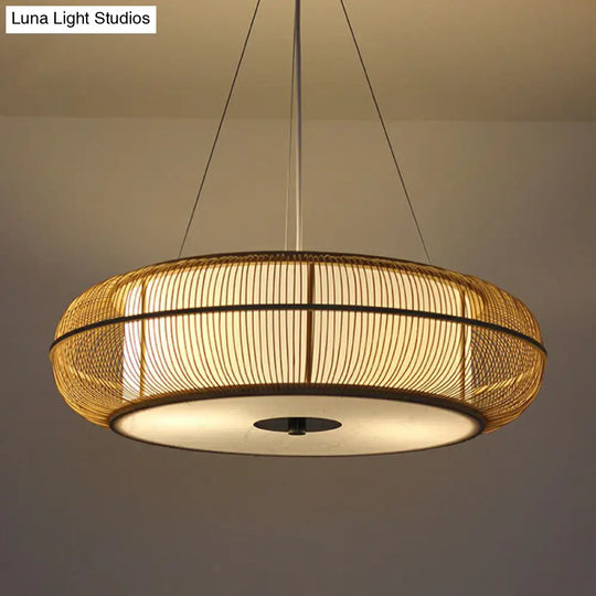 Bamboo Tea Room Chandelier - Curved Drum Suspension Light With South-East Asian Influence
