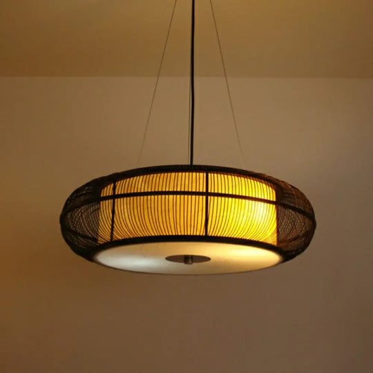 Bamboo Tea Room Chandelier - Curved Drum Suspension Light With South-East Asian Influence Black / 18
