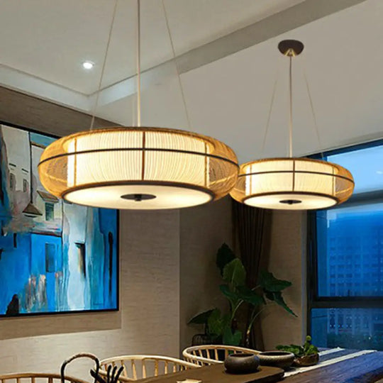 Bamboo Tea Room Chandelier - Curved Drum Suspension Light With South-East Asian Influence Wood / 18