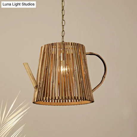 Bamboo Teapot Pendant Lighting - Wood Hanging Lamp With Adjustable Chain 1 Bulb Kit