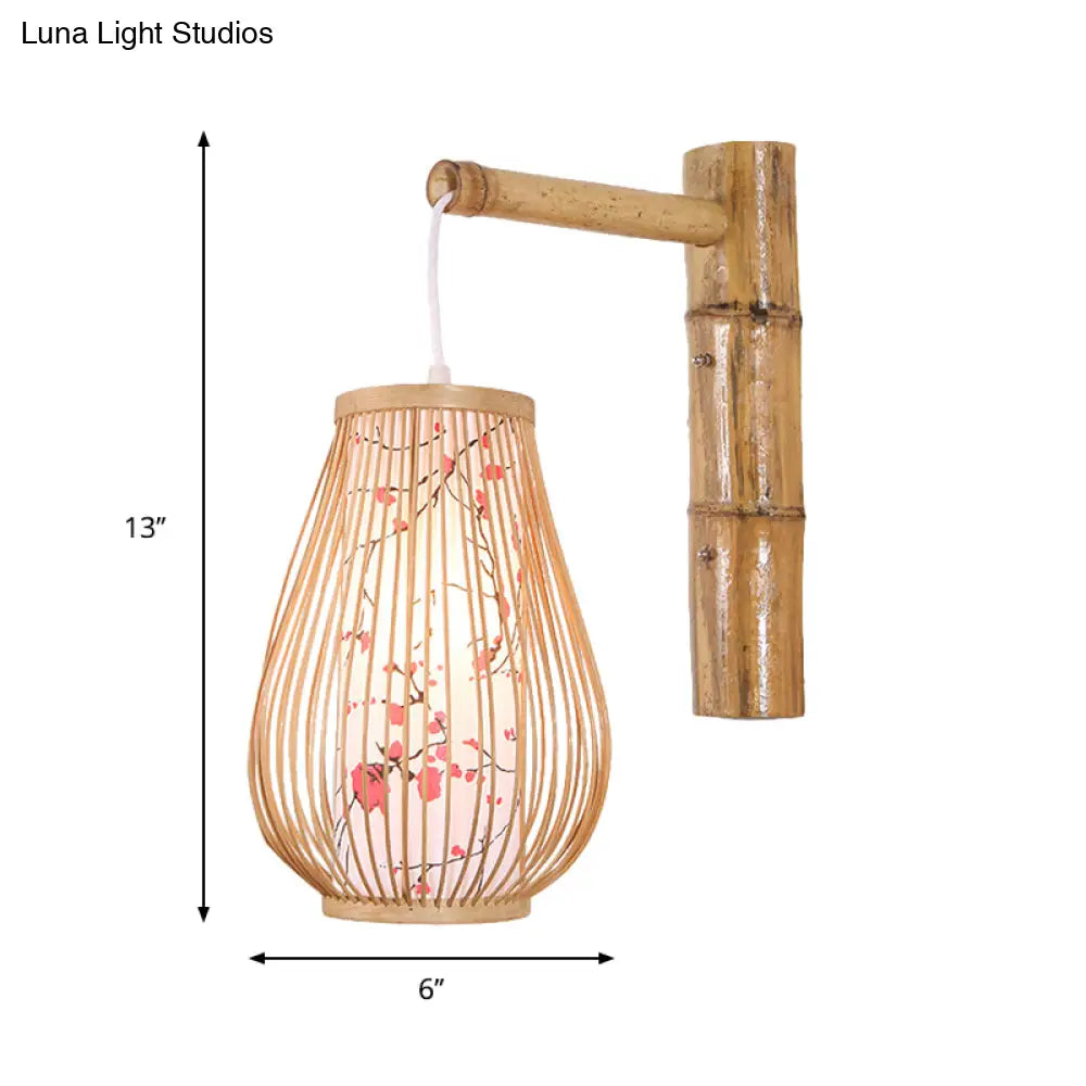 Bamboo Teardrop Sconce: Asian-Inspired Indoor Beige Wall Lamp With Inner Cylindrical Shade