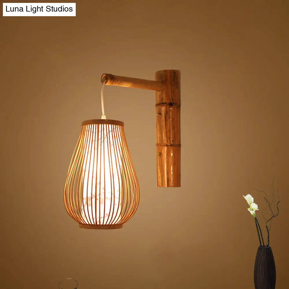 Bamboo Teardrop Sconce: Asian-Inspired Indoor Beige Wall Lamp With Inner Cylindrical Shade