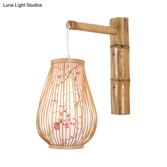 Bamboo Teardrop Sconce: Asian-Inspired Indoor Beige Wall Lamp With Inner Cylindrical Shade
