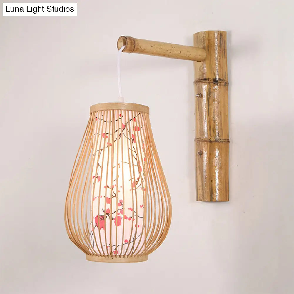 Bamboo Teardrop Sconce: Asian-Inspired Indoor Beige Wall Lamp With Inner Cylindrical Shade