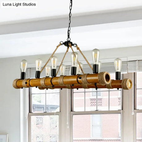 Bamboo Ten-Light Linear Pendant: Vintage Island-Style Beige Lighting For Living Room