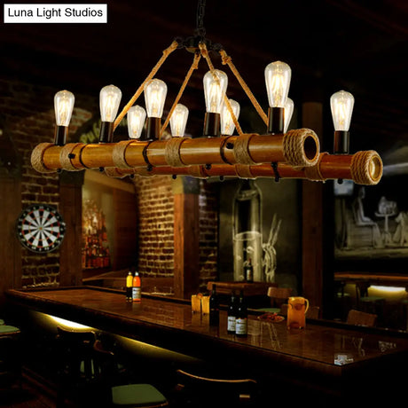 Bamboo Ten-Light Linear Pendant: Vintage Island-Style Beige Lighting For Living Room