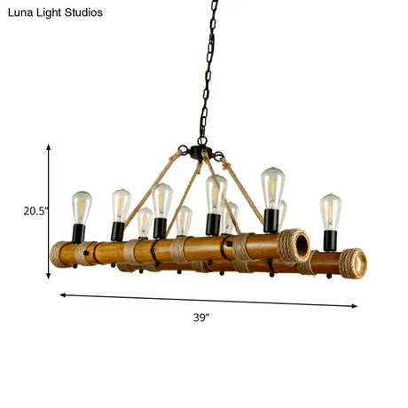 Bamboo Ten-Light Linear Pendant: Vintage Island-Style Beige Lighting For Living Room