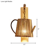 Bamboo Wall Lamp: Wood Cylinder/House/Teapot Sconce Light Fixture With Curved Arm
