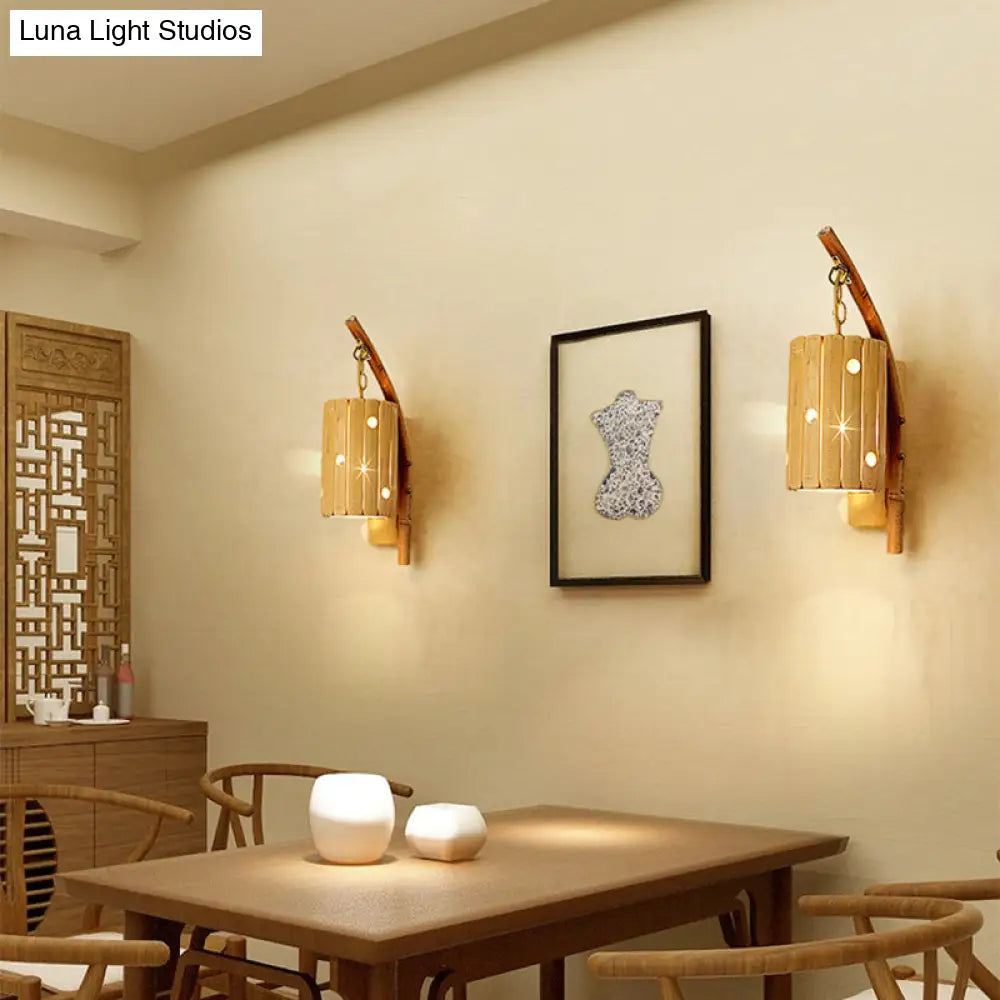 Bamboo Wall Lamp: Wood Cylinder/House/Teapot Sconce Light Fixture With Curved Arm