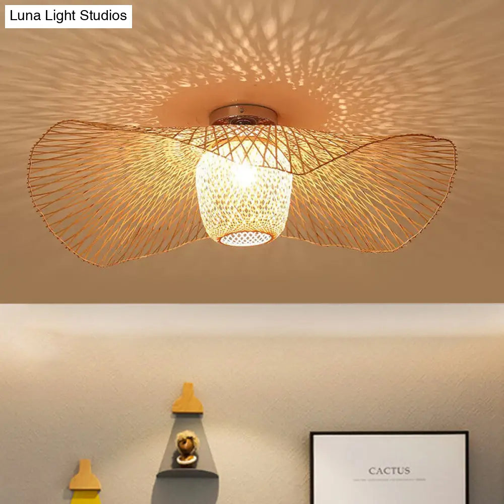Bamboo Weave Clothing Store Ceiling Light Fixture - Modern & Stylish Floppy Hat Design 1-Light