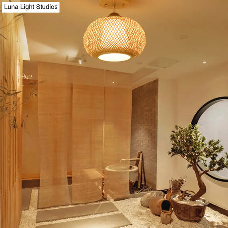 Bamboo Wood Lantern Semi-Flush Mount Ceiling Fixture - 10’/14’/16’ Wide