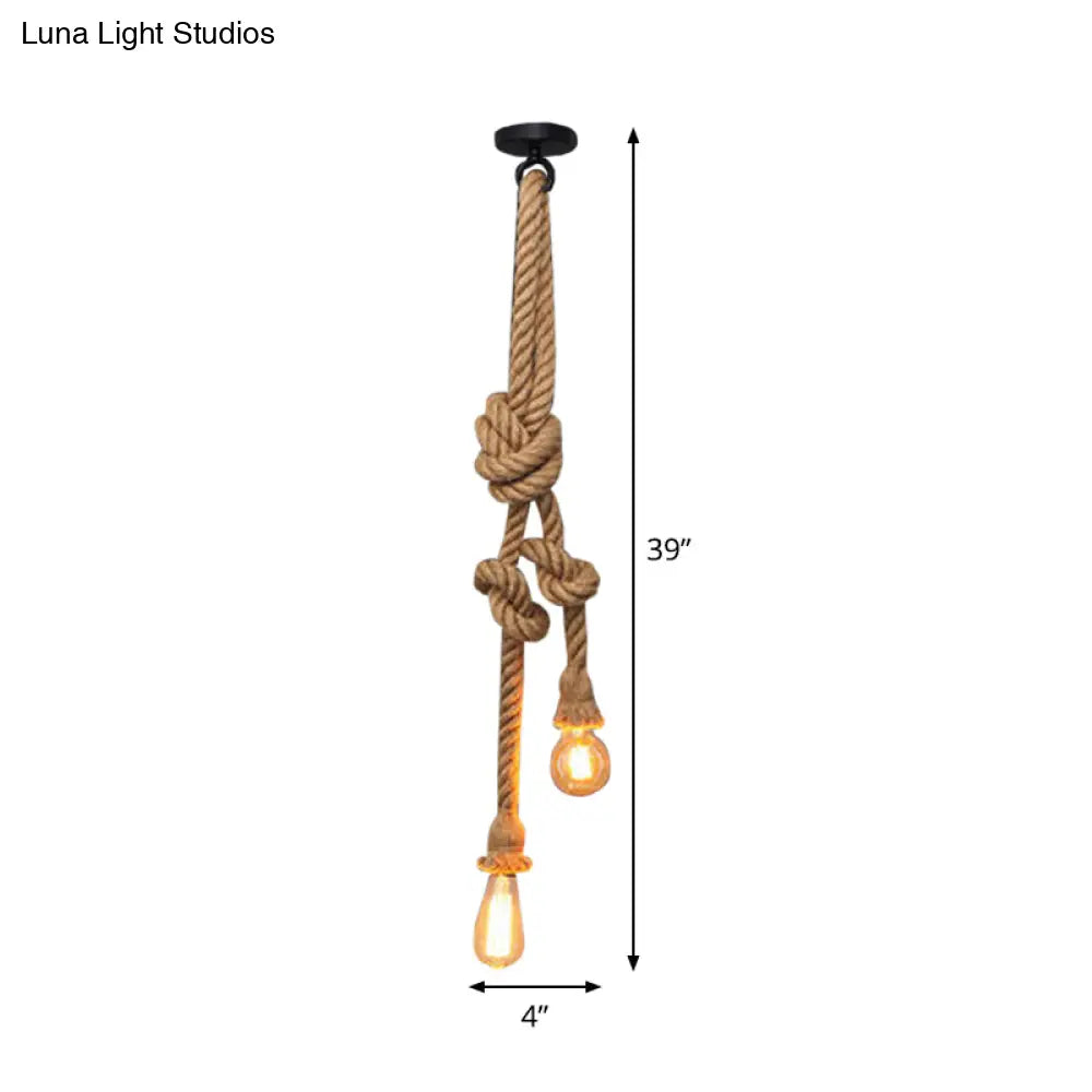Bare Bulb Design Hemp Rope Ceiling Pendant Light - Brown Knot Farmhouse Style