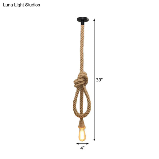 Brown Hemp Rope Knot Hanging Lamp With Bare Bulb Design - Farmhouse Pendant Light
