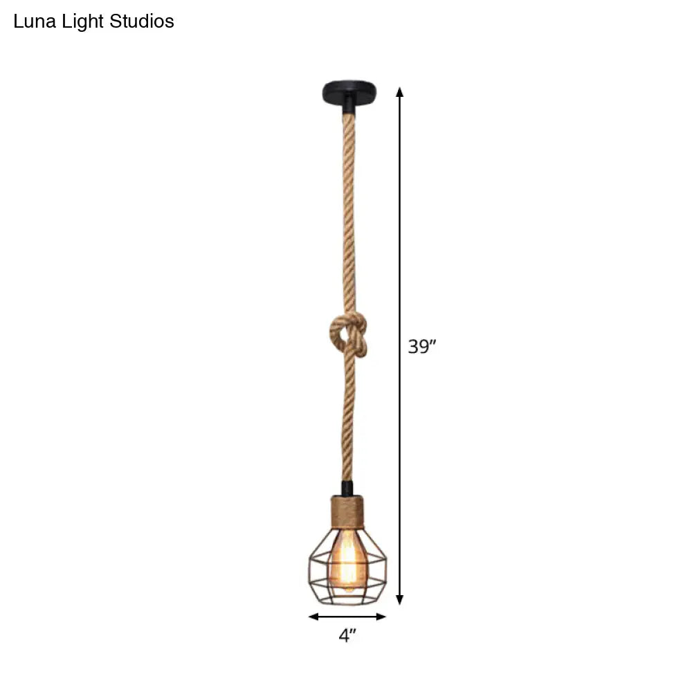 Brown Hemp Rope Knot Hanging Lamp With Bare Bulb Design - Farmhouse Pendant Light