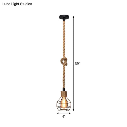 Brown Hemp Rope Knot Hanging Lamp With Bare Bulb Design - Farmhouse Pendant Light