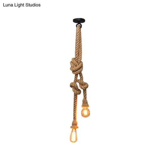 Brown Hemp Rope Knot Hanging Lamp With Bare Bulb Design - Farmhouse Pendant Light