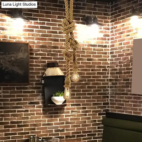 Brown Hemp Rope Knot Hanging Lamp With Bare Bulb Design - Farmhouse Pendant Light / B