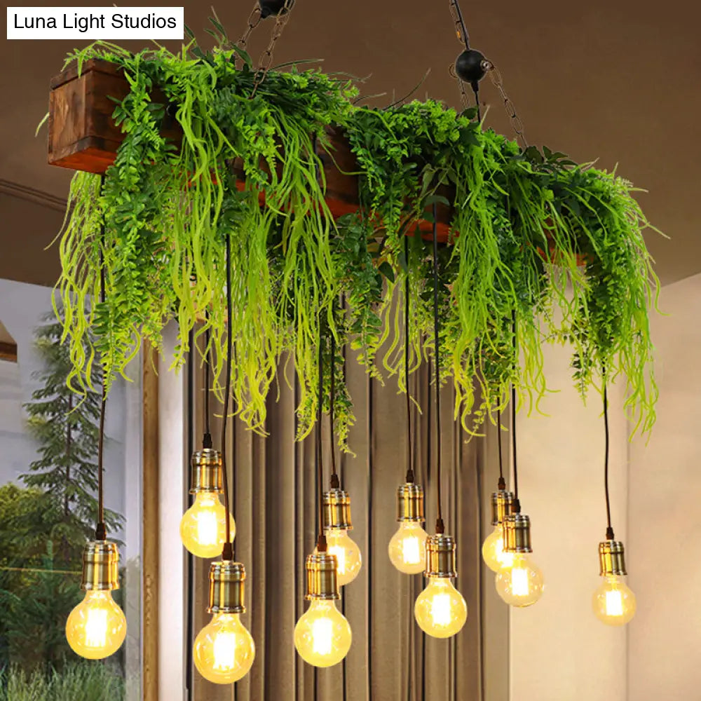 Bare Bulb Industrial Hanging Light With Faux Green Fern Deco - Set Of 10 Bulbs