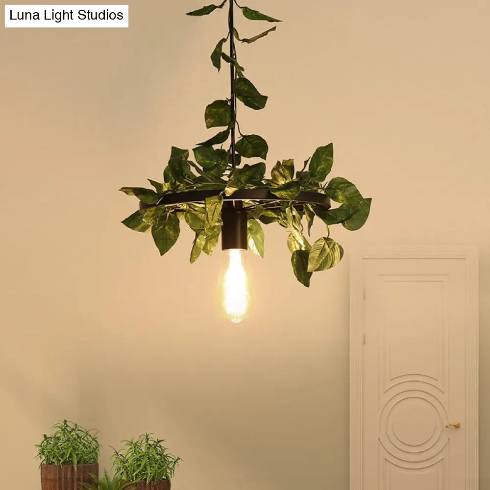 Bare Bulb Industrial Metal Pendant Light - Green Plant Led Hanging Lamp For Restaurants