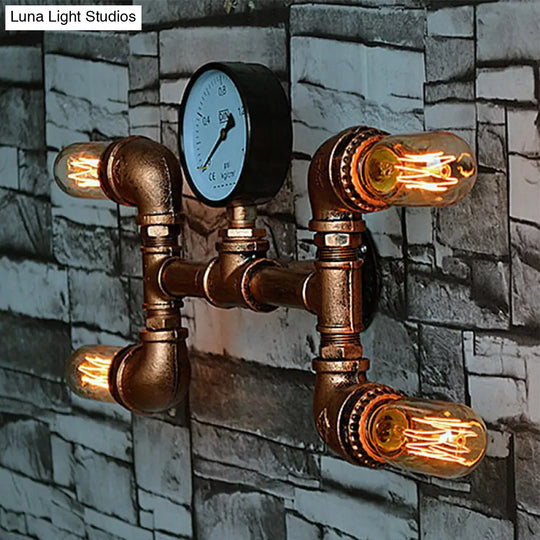 Bare Bulb Rustic Iron Wall Sconce With Gauge Deco - 4-Light Copper Mount For Dining Room