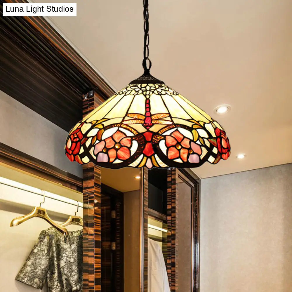 Baroque Beige Stained Glass Pendant Light With Cone Shade