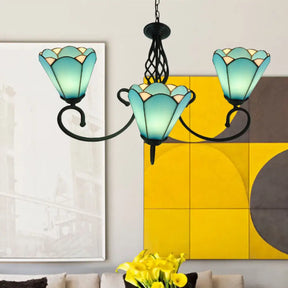 Baroque Black Cone Chandelier With 5/6/8 White/Blue Glass Drop Lights For Living Room 3 / Blue