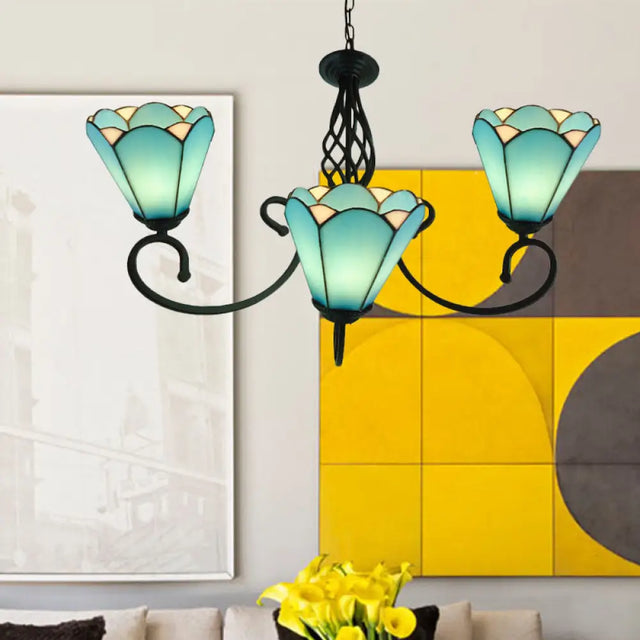 Baroque Black Cone Chandelier With 5/6/8 White/Blue Glass Drop Lights For Living Room 3 / Blue