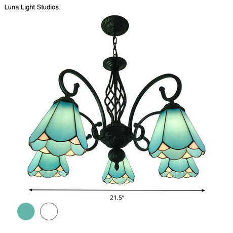 Baroque Black Cone Chandelier With 5/6/8 White/Blue Glass Drop Lights For Living Room