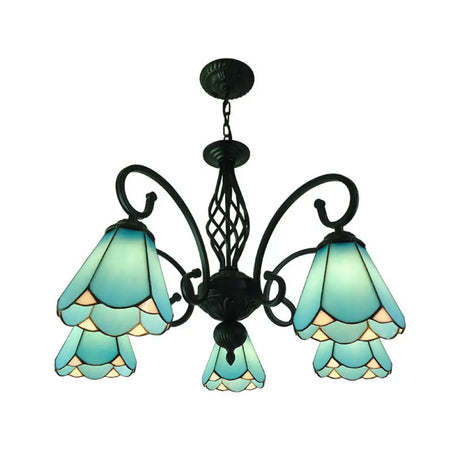Baroque Black Cone Chandelier With 5/6/8 White/Blue Glass Drop Lights For Living Room 5 / Blue
