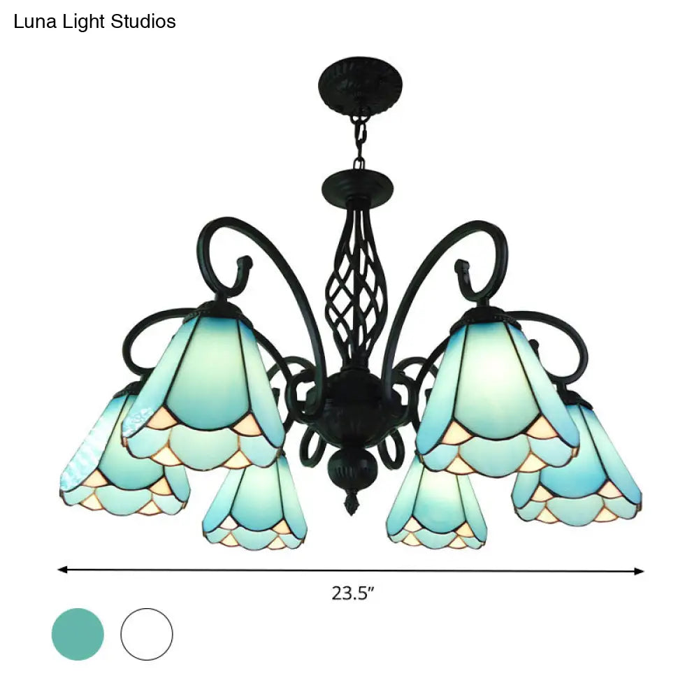 Baroque Black Cone Chandelier With 5/6/8 White/Blue Glass Drop Lights For Living Room