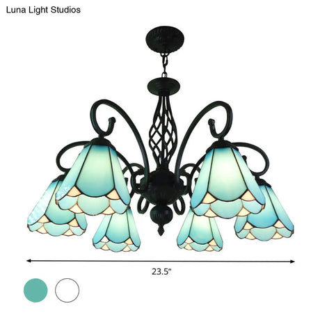 Baroque Black Cone Chandelier With 5/6/8 White/Blue Glass Drop Lights For Living Room