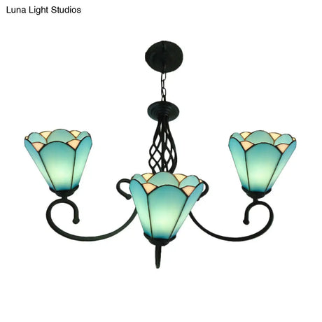 Baroque Black Cone Chandelier With 5/6/8 White/Blue Glass Drop Lights For Living Room