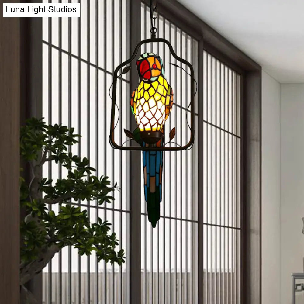 Baroque Blue Cut Glass Parrot Wall Sconce With Swing Perch - Unique Long Feather Light Fixture