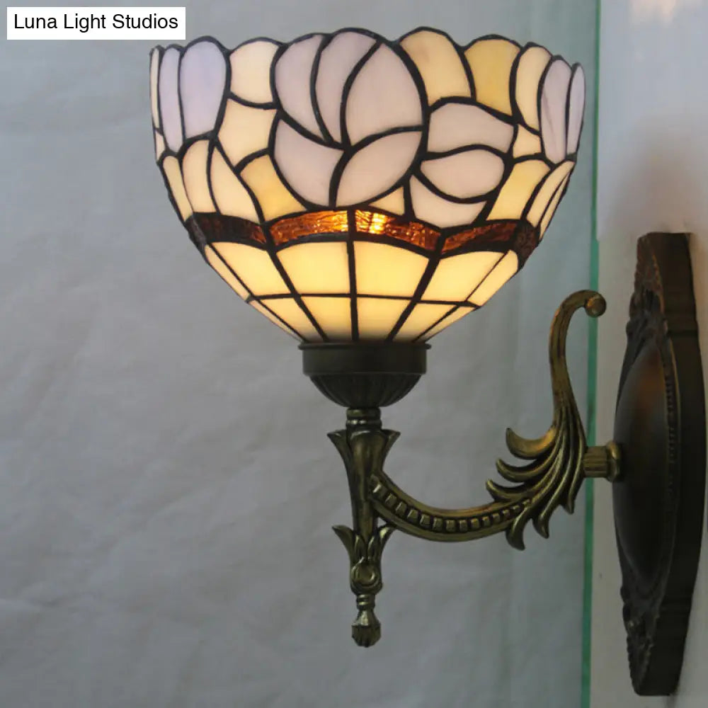 Baroque Blue Domed Wall Light Sconce: 1-Light Stained Glass Floral Pattern For Elegant Lighting