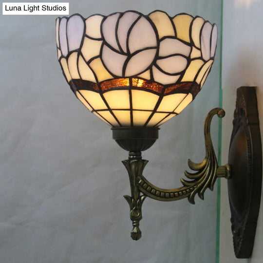 Baroque Blue Domed Wall Light Sconce: 1-Light Stained Glass Floral Pattern For Elegant Lighting
