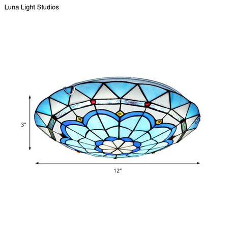 Baroque Bowl Flush Mount Stained Glass Ceiling Light In Blue/Blue - Brown - 12’/16’/19.5’ Wide
