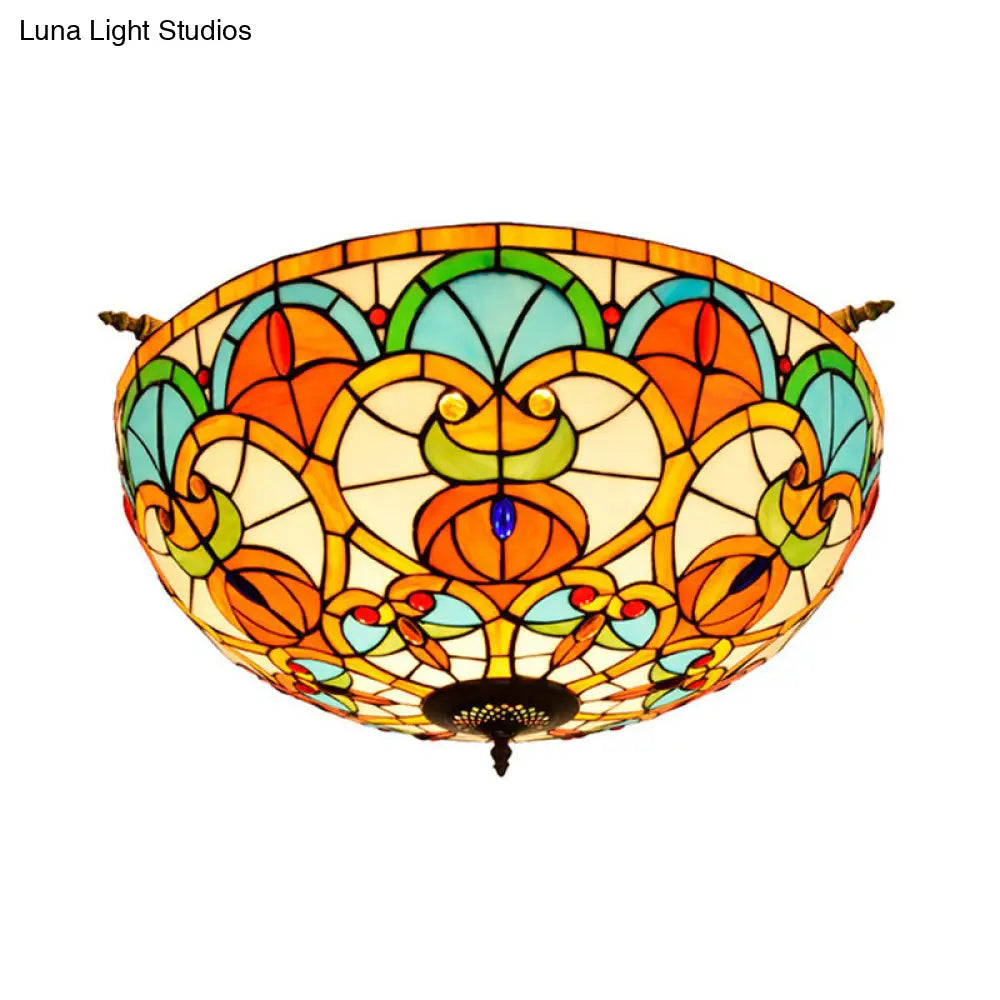 Baroque 5-Bulb Multicolored Stained Glass Ceiling Lamp - 21.5/25.5 W Brass Jewel Semi Flush Mount
