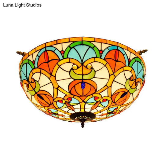 Baroque 5-Bulb Multicolored Stained Glass Ceiling Lamp - 21.5/25.5 W Brass Jewel Semi Flush Mount