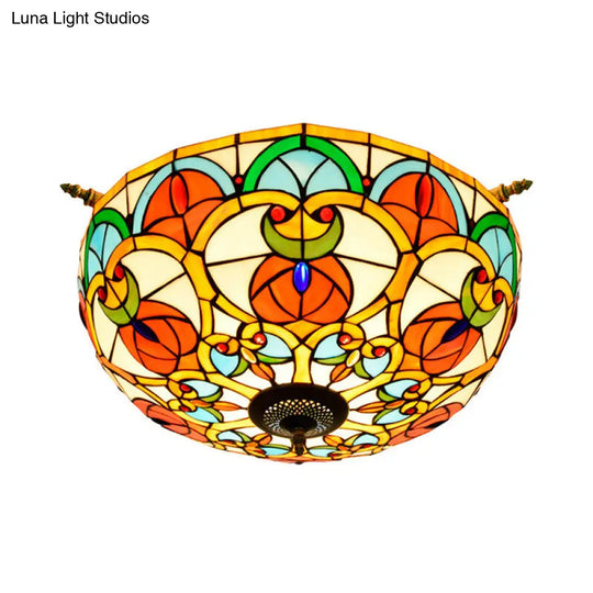 Baroque 5-Bulb Multicolored Stained Glass Ceiling Lamp - 21.5/25.5 W Brass Jewel Semi Flush Mount