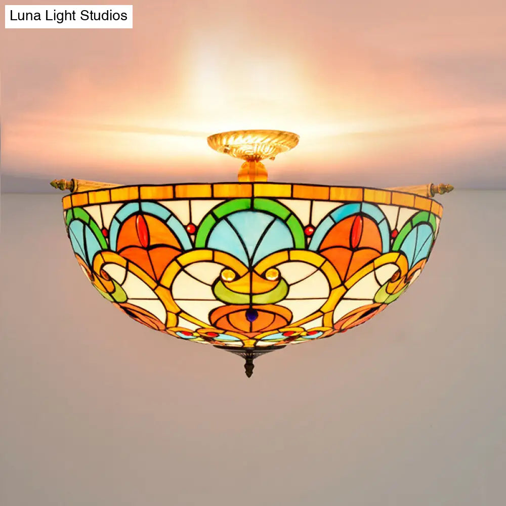 Baroque 5-Bulb Multicolored Stained Glass Ceiling Lamp - 21.5/25.5 W Brass Jewel Semi Flush Mount